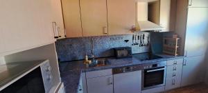 a kitchen with white cabinets and a sink at Ferienwohnung Giengen in Giengen an der Brenz