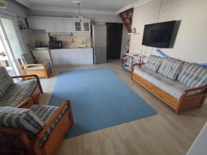 uma sala de estar com dois sofás e um tapete azul em Armutlu Dublex Apartment Seaside em Yalova