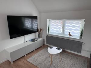 uma sala de estar com uma televisão de ecrã plano e uma mesa em Große Ferienwohnung in Ostseenähe em Schönberg