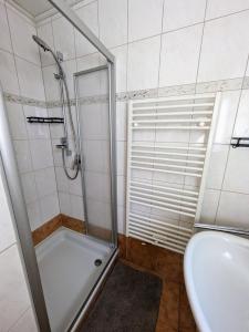 a bathroom with a shower and a tub and a sink at FeWo Lorenz in Buchen
