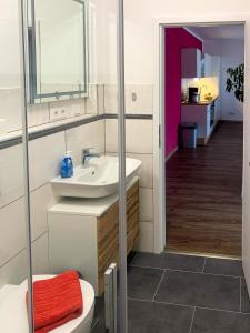 a bathroom with a white sink and a toilet at Top-moderne Ferienwohnung auf früherem wunderschönen Bauernhof im Elbe-Elster-Kreis in Süd-Brandenburg in Schönewalde