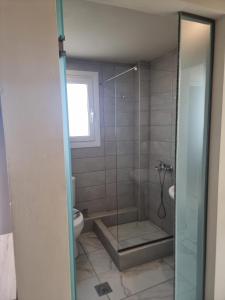 a bathroom with a shower and a toilet at The Blue Sea Hotel in Agios Georgios