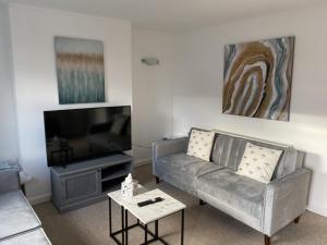a living room with a couch and a flat screen tv at Charming 3 bedroom flint cottage in Lakenheath