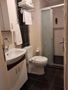 La salle de bains est pourvue de toilettes, d'un lavabo et d'une douche. dans l'établissement Sözer Otel, à Ayvalık