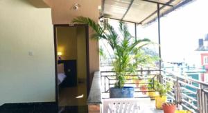 ポカラにあるHotel Suite Inn Lodgeの鉢植えの植物が2本あるバルコニー付きの部屋