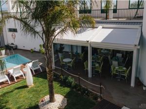 an outdoor patio with a palm tree and a pool at Hotel L'Algadir del Delta in El Poblenou del Delta