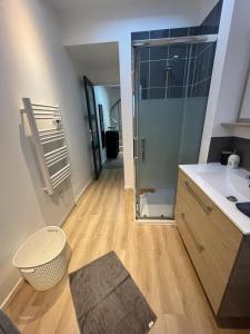 La salle de bains est pourvue d'une douche, d'un lavabo et d'un miroir. dans l'établissement Villa Camelia Rueil malmaison métropole grand Paris, à Rueil-Malmaison