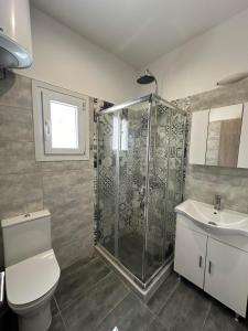 a bathroom with a shower and a toilet and a sink at Studio One in Kanálion
