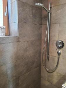 a shower with a shower head in a bathroom at Chesa Vista Mezdi 6 Bergbahnen Sommer und ÖV inklusive in Pontresina