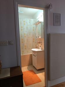 łazienka z prysznicem, umywalką i lustrem w obiekcie Apartman MIKA w mieście Zaječar