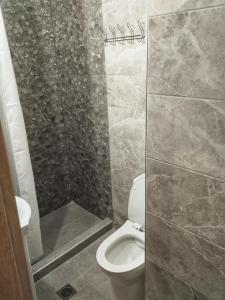 La salle de bains est pourvue d'une douche et de toilettes. dans l'établissement Papoulias Suite, à Thessalonique