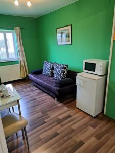 a living room with a couch and a microwave at Rooms Modrušan in Slunj