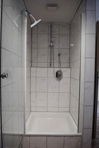 y baño con ducha y puerta de cristal. en Idyllische Ferienwohnung in Seefeld, en Norderaussendeich