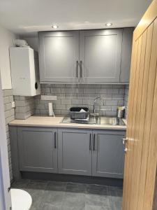 a kitchen with gray cabinets and a sink at Ole Butt Cottage in Cinderford