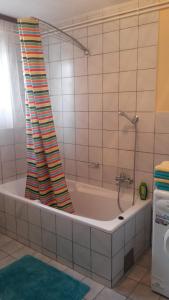 a bath tub with a colorful shower curtain in a bathroom at Apartment Cecilia Koprivnica in Koprivnica +16 photos