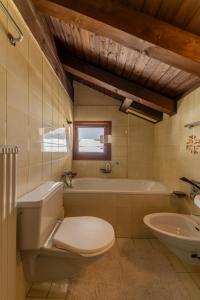 a bathroom with a toilet and a tub and a sink at Chesa Ste Attic - Celerina in Celerina