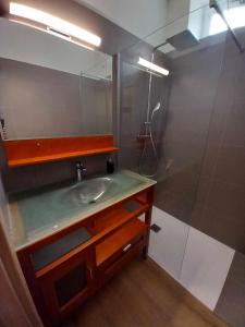 La salle de bains est pourvue d'un lavabo et d'un miroir. dans l'établissement LA TERRASSE, à Luchon