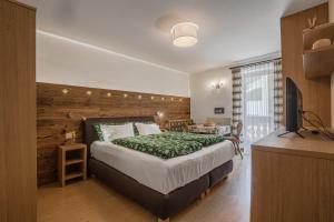 a bedroom with a bed and a desk and a television at Chalet Pradat in Arabba