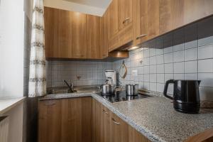 a kitchen with wooden cabinets and a counter top at Chalet Pradat in Arabba