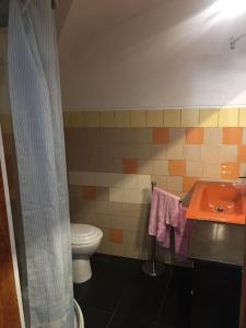 łazienka z toaletą i umywalką w obiekcie Casa térrea no centro da Cidade, antiga adega! w mieście Borba