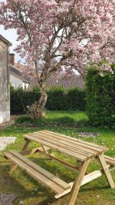 einem Picknicktisch aus Holz vor einem Baum mit rosa Blumen in der Unterkunft La Maison Barent - Proche des grottes de Rouffignac in Rouffignac Saint-Cernin