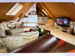 een woonkamer met een bank en een tv bij Ferienhof Geiger in Gengenbach