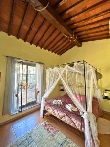 a bedroom with a canopy bed and a window at Agriturismo Tassinaia in Pontassieve