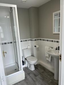 a white bathroom with a toilet and a sink at Thornaby Apartment in Thornaby on Tees