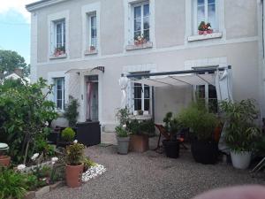 uma casa branca com vasos de plantas em frente em la loire et ses chateaux em Montlouis-sur-Loire