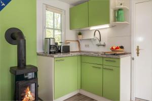 a kitchen with green cabinets and a stove at Ferienresort Möwenort Lütow Bungalow 11 in Lütow