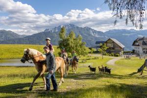 eine Gruppe von Menschen, die auf Pferden auf einem Feld reiten in der Unterkunft Mösslacher's Ferienwohnungen in Hermagor