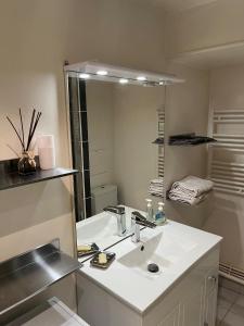La salle de bains est pourvue d'un lavabo et d'un miroir. dans l'établissement bel appartement chic et cosy 78100, à Saint-Germain-en-Laye