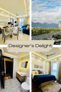 a collage of four pictures of a hotel room at Designer's Luxe Delight-Elysium Tower in Islamabad