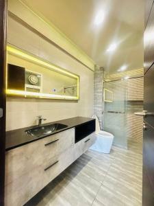 a bathroom with a sink and a toilet at Designer's Luxe Delight-Elysium Tower in Islamabad