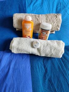 a pair of towels and two bottles of sunscreen at Petit nid en Alsace studio indépendant avec salle de douche privative in Buschwiller