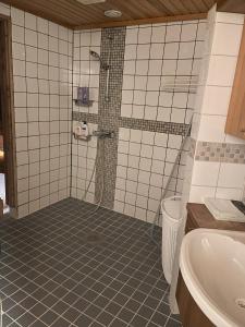 een badkamer met een douche en een wastafel bij Log home near Santa in Rovaniemi
