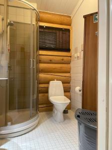 een badkamer met een toilet en een glazen douche bij Log home near Santa in Rovaniemi