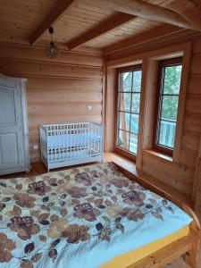 1 dormitorio con 1 cama en una cabaña de madera en Wczasowisko Rudawski Zakątek en Wieściszowice