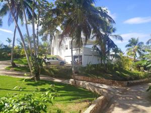 een witte auto geparkeerd voor een huis met palmbomen bij Villa vue sur Océan in Las Terrenas