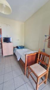 a bedroom with a bed and a chair and a television at Zacharo Studios Thirasia in Therasia