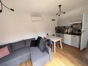 a living room with a couch and a table and a kitchen at BLUE BAY in Mosty