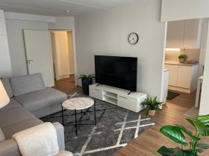 a living room with a couch and a flat screen tv at Nice and spacious condo in Helsinki