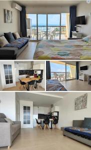 two pictures of a living room and a bedroom at Estudio WELCS EMP-124- con vistas al mar in Empuriabrava