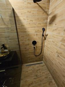 La salle de bains est pourvue d'une douche et d'un mur en bois. dans l'établissement Apartment Antonio on the seafront with garden, à Kaštela