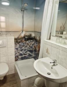 ein Bad mit einer Dusche, einem WC und einem Waschbecken in der Unterkunft Zimmer " Sonnenschein" in Zingst