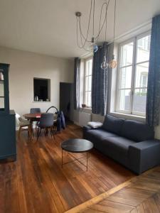 a living room with a couch and a table at Le Philibert Roux Centre Ville d'Auxerre in Auxerre