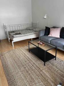 ein Wohnzimmer mit einem Sofa und einem Couchtisch in der Unterkunft Viihtyisä kaksio lähellä keskustaa ja yliopistoa. in Turku