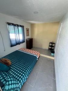 a bedroom with a blue bed and a window at Baba’s Beach Bungalow in Providencia