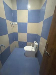 a blue and white bathroom with a toilet in it at Moonlight hotel in Greater Noida