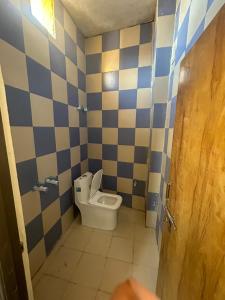 a bathroom with a toilet with blue and white tiles at Moonlight hotel in Greater Noida